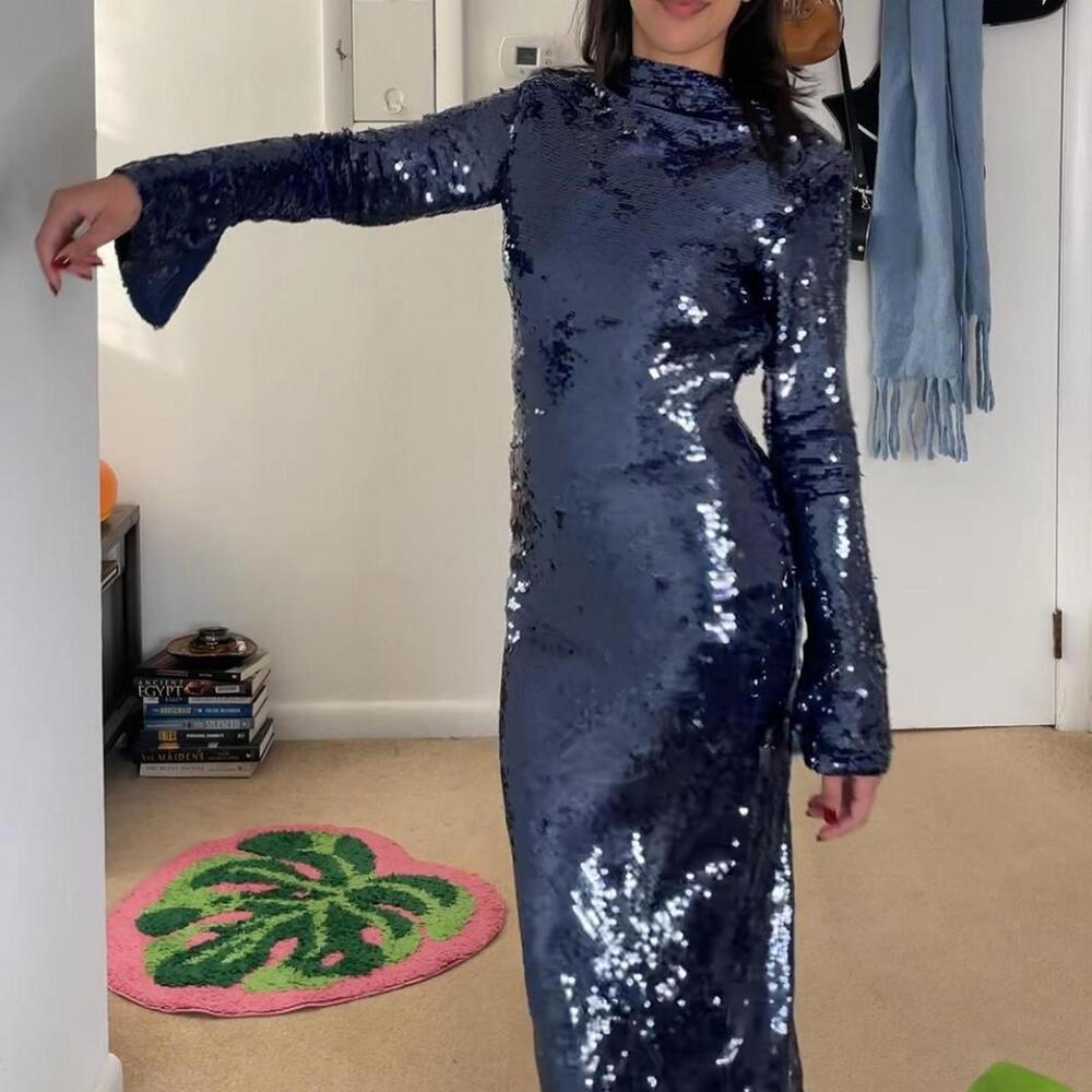 Navy blue sequin maxi dress with long sleeves & high neck. self portrait, size 0 - Picture 3 of 8